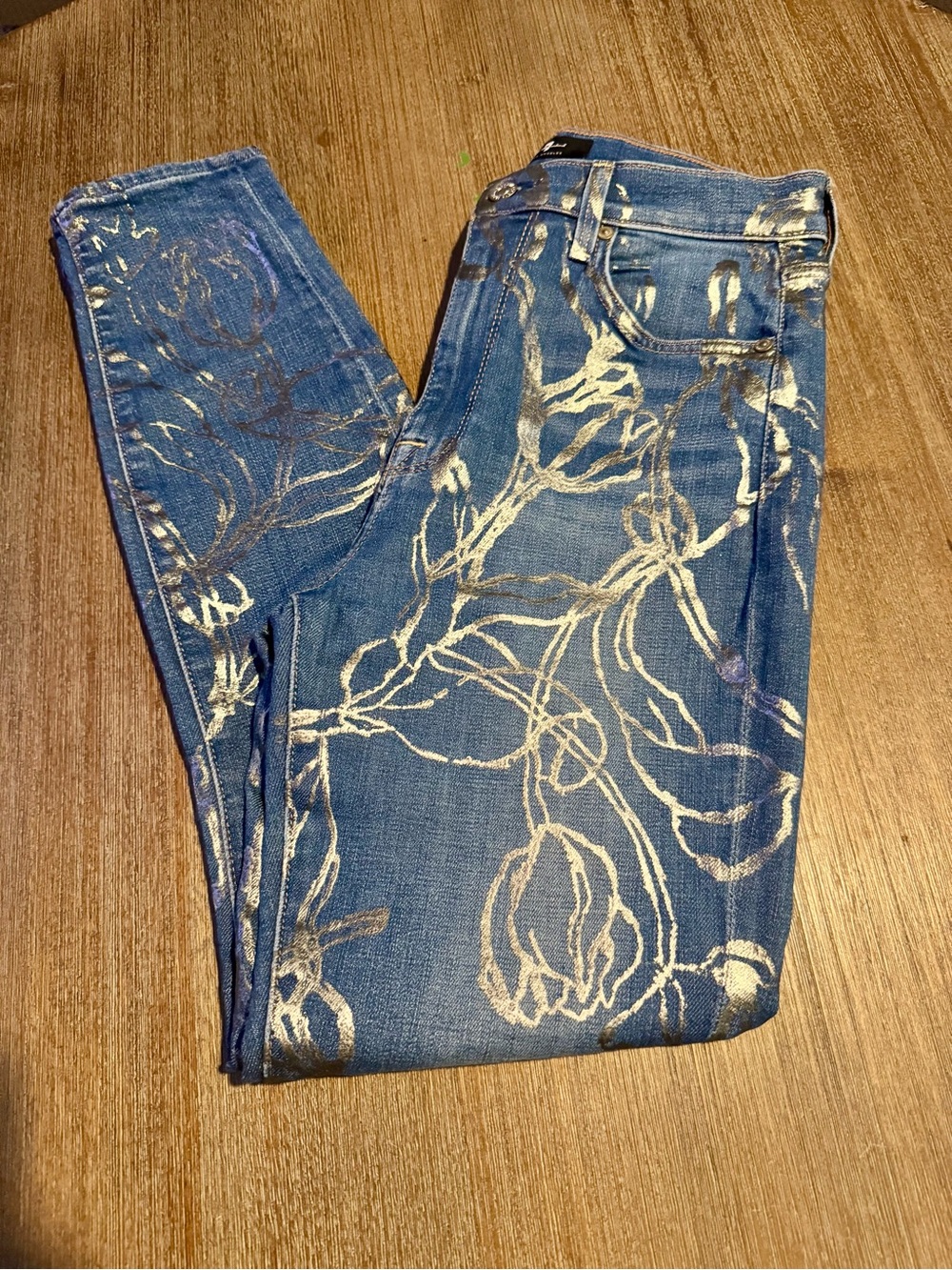 7 For All Mankind Blue Skinny Jeans with Metallic Floral Print